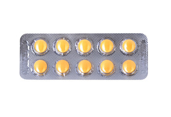 Blister pack of ten yellow oval pills isolated on transparent background