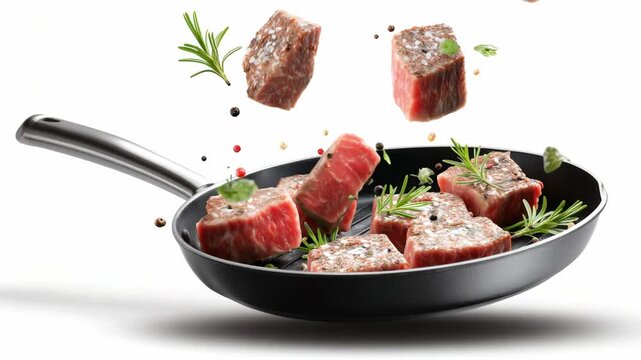 Fresh chunks of beef are being tossed into a hot skillet along with sprigs of rosemary and colorful spices. This cooking process enhances flavor and aroma.