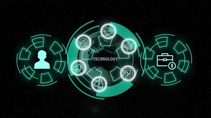 Neon Creative Workflow HUD. Teal glowing circular dashboard for brainstorming, idea generation, strategic planning and goal targeting, 4K motion video
