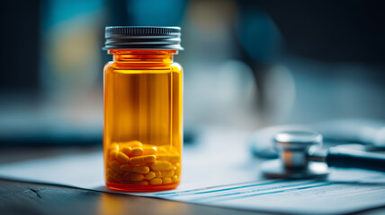 A prescription medication bottle on a clinical desk beside a stethoscope, representing healthcare treatment adherence and patient safety within professional medical practice.
