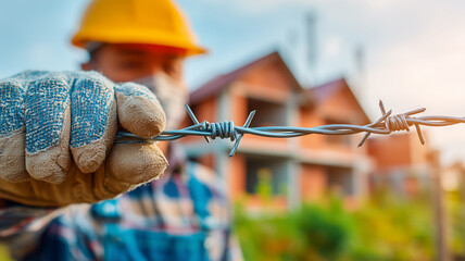 A gloved worker stretches barbed wire in front of a house, representing perimeter protection and residential security while illustrating boundary enforcement and hazard awareness.
