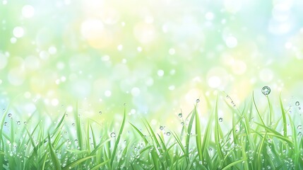 Fototapeta premium Lush green grass with dew drops, a blurred background with soft pastel colors and a morning light effect 