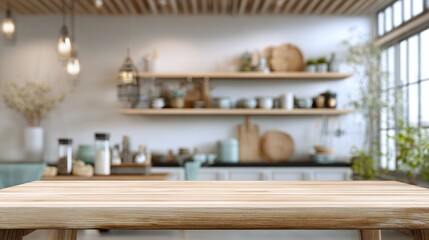 Light brown wooden table top in front of a blurred kitchen.
