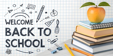 Welcome Back to school horizontal banner, doodle on checkered paper background, vector illustration.