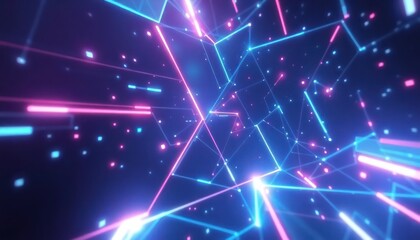 Vibrant abstract digital network with glowing blue and pink lines and sparkling particles. Ideal for technology, data, communication, and futuristic concepts.