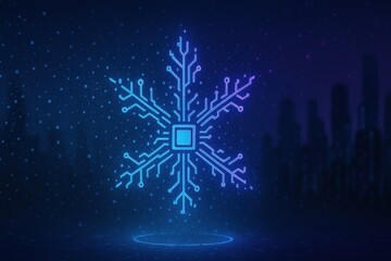 Futuristic Snowflake Design Featuring Circuit Patterns and Digital Elements on a Dark Background Representing Technology and Innovation in a Winter Theme