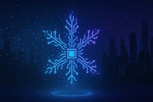 Futuristic Snowflake Design Featuring Circuit Patterns and Digital Elements on a Dark Background Representing Technology and Innovation in a Winter Theme