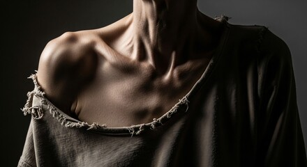 Undernourished adult's gaunt ribs and thin shoulders, starkly revealed by dramatic side lighting in sharp detail. (Malnutrition)