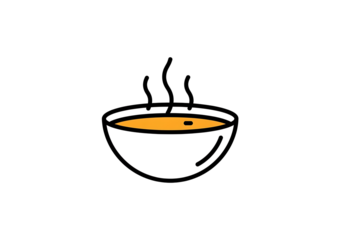 A simple line art illustration depicts a white bowl filled with warm, orange liquid soup.