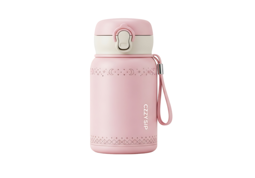 A charming, light-pink insulated bottle features a subtle, decorative design of celestial motifs.