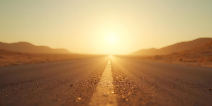 Desert road stretching towards bright sun at sunset