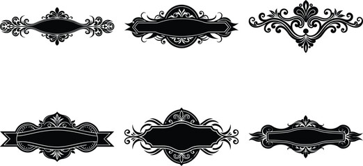 Vector art of assortment of six ornate vintage decorative frames and banners with blank space for text