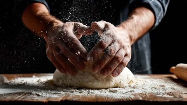 Hands are actively kneading a ball of dough on a wooden surface, surrounded by a sprinkle of flour. The warm kitchen setting captures the essence of homemade bread preparation.
