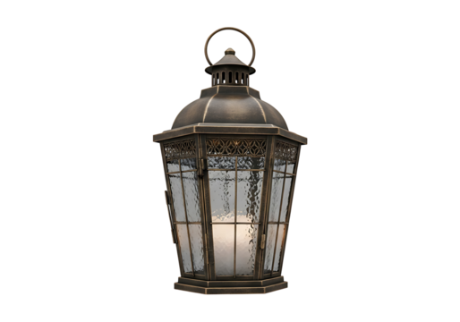 An antique-style lantern, featuring a detailed, decorative design and frosted glass panes, casts a warm glow.