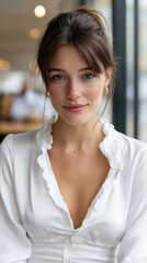 Fototapeta premium Brunette woman in white blouse with soft smile, sitting by the window indoors with natural light