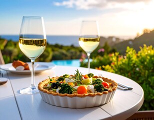 Outdoor dining scene with quiche and wine