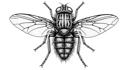 Obraz premium Intricate Pen-and-Ink Fly Illustration — Detailed Entomological Line Drawing of a Realistic Housefly with Textured Wings and Segmental Body (Scientific Style Insect Engraving)