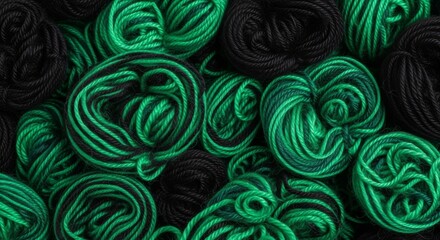 Twisted, swirling, messy pile of black and green yarn, background pattern