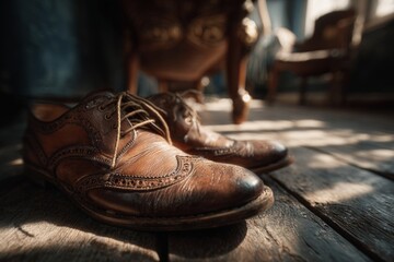 Classic men's wingtip brogues bathed in warm sunlight on a wooden floor, evoking a sense of timeless style and craftsmanship