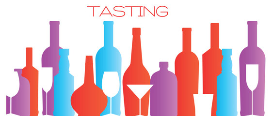 Collection of alcohol bottles, glasses, flat style gradient, poster for restaurant, alcohol menu, wine list. Banner horizontal format ideal for bar, sommelier flyer, kitchen decor, merlot, chardonnay