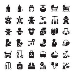 Collection of black baby icons including feeding items toys clothing transportation accessories and celebrations in silhouette style