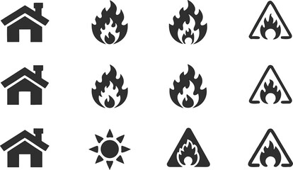 Fire Safety Icons Set | Home, Flame, Heat, Warning Hazard Symbols, Black Silhouette Signs for Risk Prevention, Emergency and Alert Use