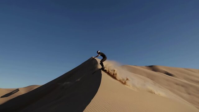 Aerial video shot of a person sandboarding down a sunlit dune. The wide-angle captures vast desert landscape under a clear blue sky.