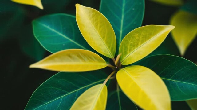 A close up shot of green and yellow leaves arranged in a circular pattern on a dark background