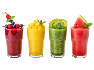 Colorful fruit smoothies four glasses transparent background