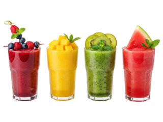 Colorful fruit smoothies four glasses transparent background