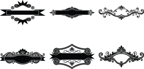 Vector art of set of six luxury vintage decorative elements including ornate dividers, banners, and frames with intricate scrollwork