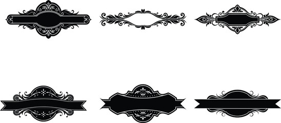 Vector art of assortment of six vintage decorative dividers and ornamental elements featuring elaborate scrollwork and filigree