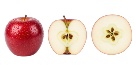 Red apple whole and halved transparent background