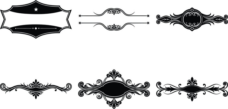 Vector art of collection of six ornate vintage decorative borders and frames including a luxury text banner