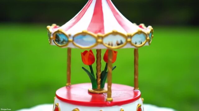 Whimsical carousel cake with tulips evokes childhood joy and celebration