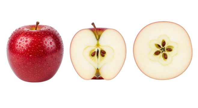 Red apple whole and halved transparent background