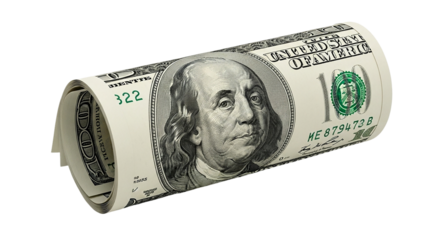 Roll of hundred dollar bill currency cash money finance wealth investment savings economy benjamin franklin on transparent background