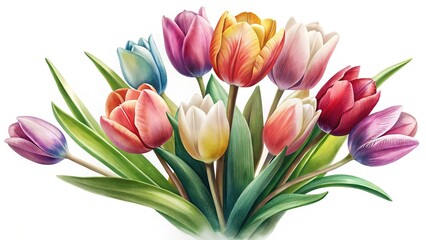 Naklejka premium A vibrant bouquet of colorful tulips in full bloom on white
