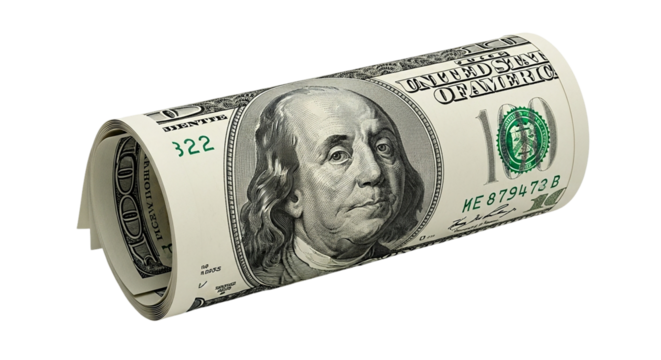 Roll of hundred dollar bill currency cash money finance wealth investment savings economy benjamin franklin on transparent background