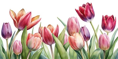 Fototapeta premium Watercolor painted tulips in various shades of pink, red and purple colors