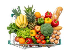 Full grocery shopping cart assortment transparent background