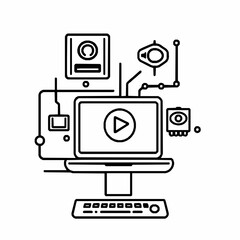 Stylized Line Art of a Computer Setup with Play Button on Screen and Various Tech Components technology