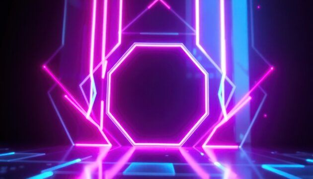 Futuristic neon geometric portal with vibrant pink and blue lights reflecting on a dark surface, representing technology, digital innovation, and virtual reality.