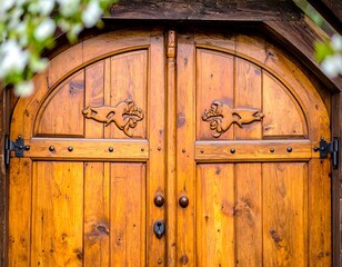 Artisanal crafted wooden door showcasing intricate details and warm golden hues reflecting