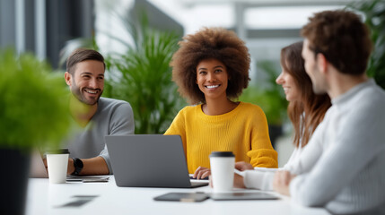 Group of professionals engaged in collaborative discussion around a table in sunlit office. Bright space with plants and modern decor. Concept of teamwork, business development, workplace culture