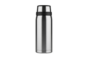 Polished stainless steel thermos bottle,  a simple, modern design, isolated against a black background.