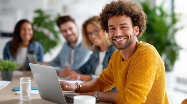 Man with curly hair smiles while working on laptop in bright office. Colleagues engaged in discussion around table. Concept of teamwork, collaboration, business growth
