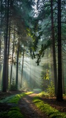 Fototapeta premium Serene Foggy Forest with Tall Pine Trees, Sunlight Rays Filtering Through Mist, High-Resolution Vertical Nature Landscape Wallpaper