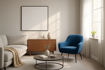 Elegant living room with blue armchair and wooden cabinet