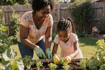 mother and daughter gardening together in sunny backyard planting vegetables and bonding on a warm day
